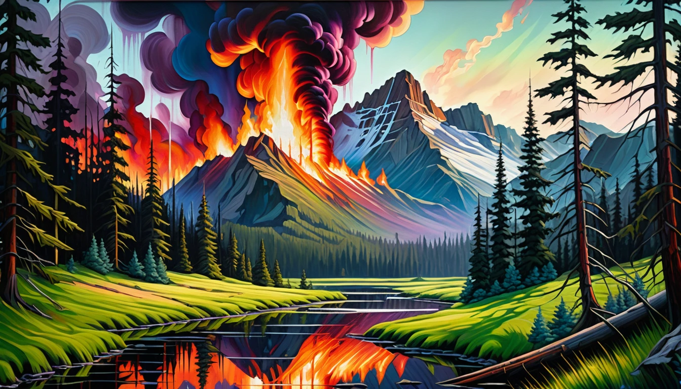 Dark fantasy forest wildfire in a dramatic oil painting