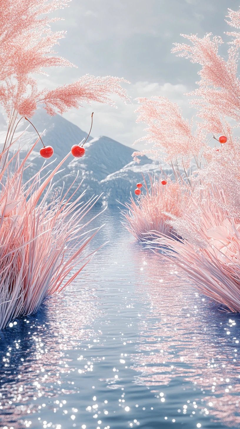 물방울과 산을 배경으로 한 하이퍼리얼 Pampas 풀
