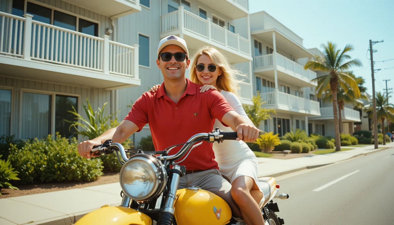 Casal sorridente andando de moto amarela na luz do verão