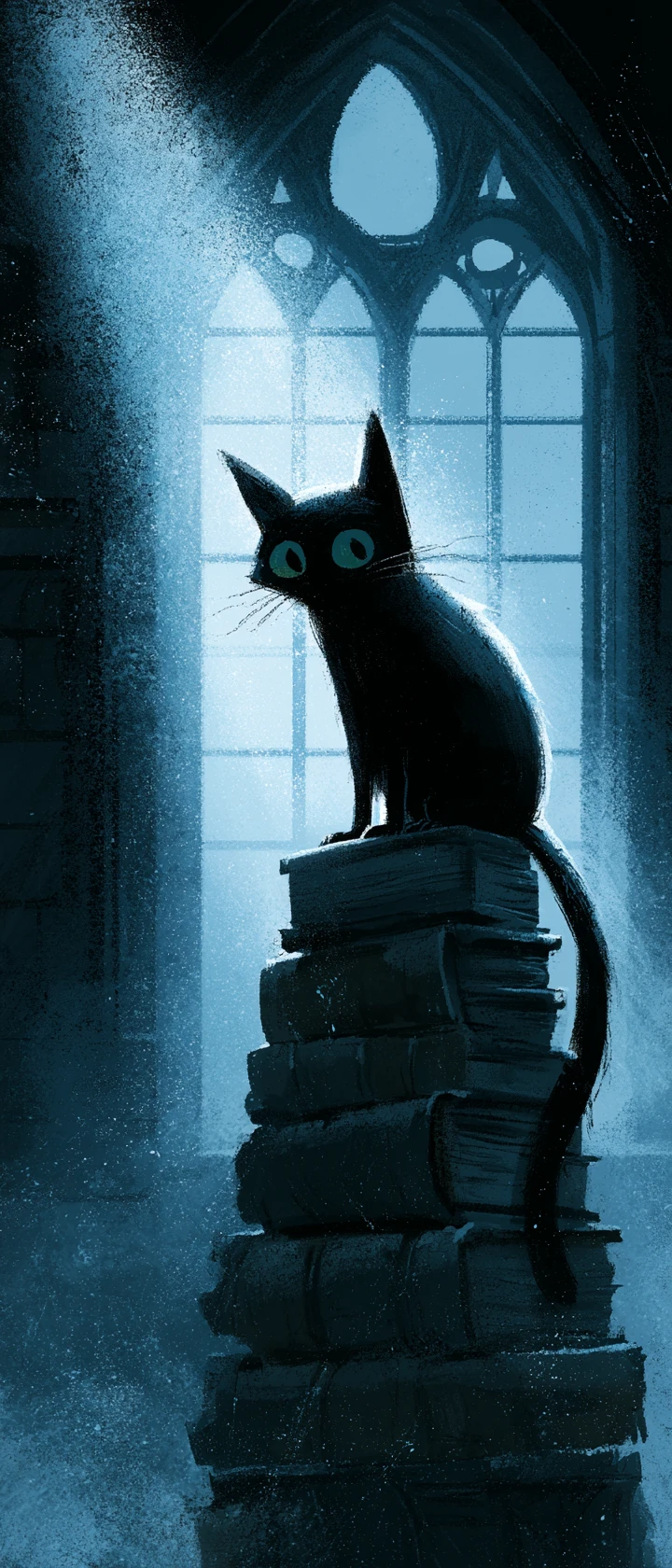 Gato preto sobre livros antigos em uma biblioteca gótica ao luar