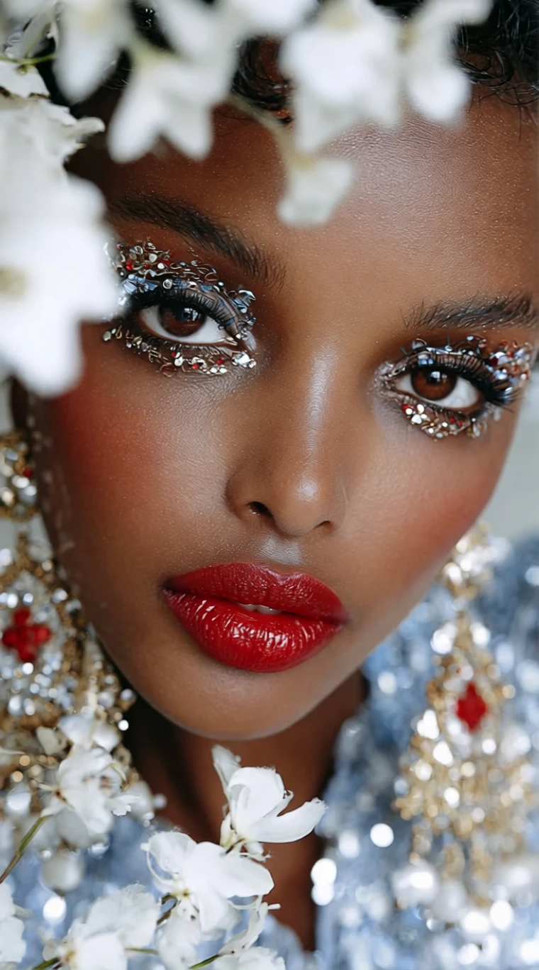 Close extremo de olhos castanhos com maquiagem de strass