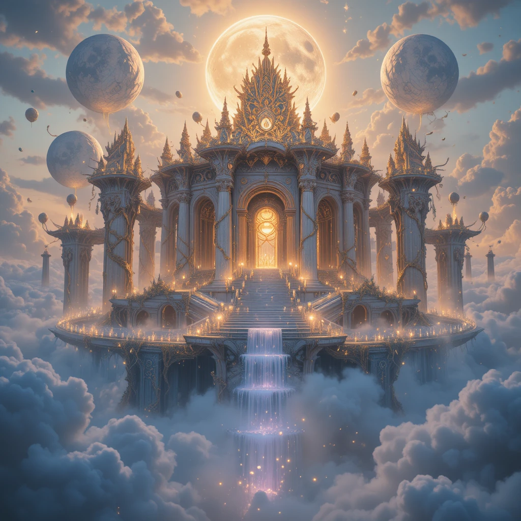 Himmlischer Tempel über einem endlosen Wolkenmeer im Sonnenaufgang