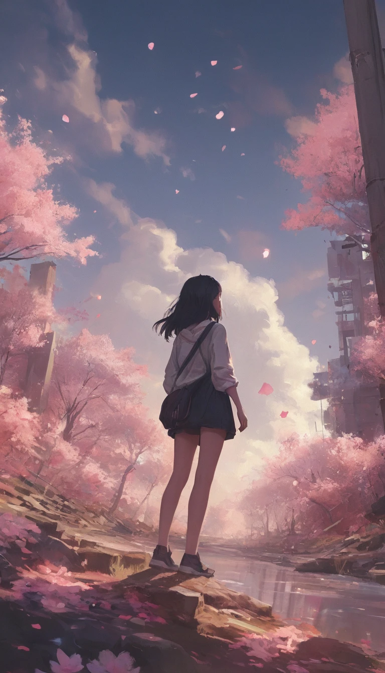 Whimsical floating petals in a surreal anime fantasy scene