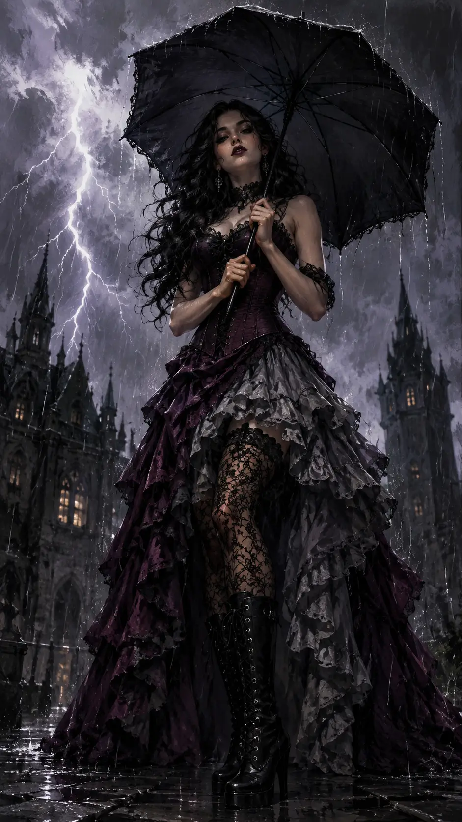 Young woman with umbrella in a stormy gothic city