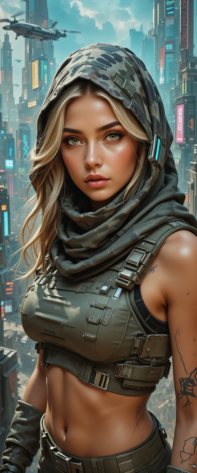 Guerreira futurista com capuz tático – retrato