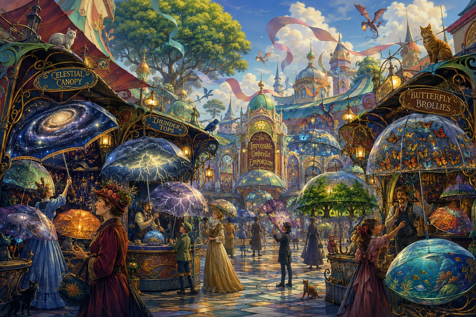 Surreal open air market of magical umbrella shops