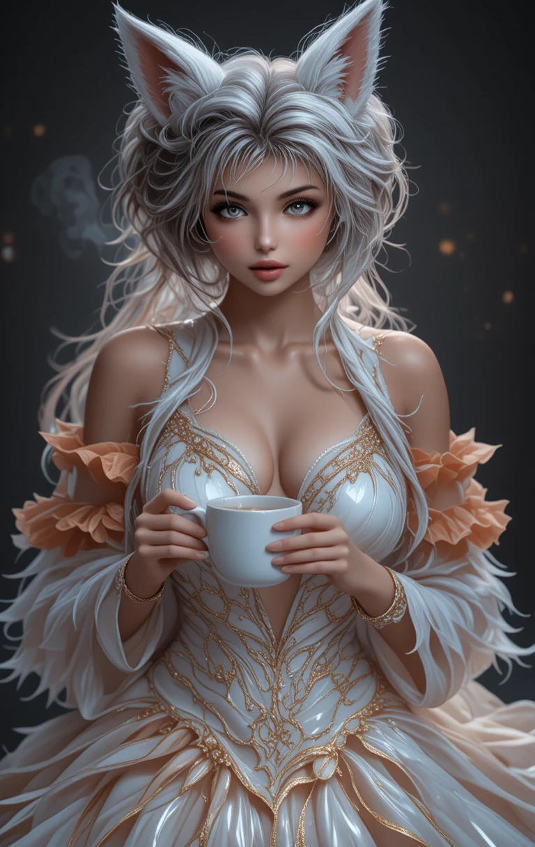 Fuchs-inspirierte Fantasie-Frau mit dampfender Kaffeetasse