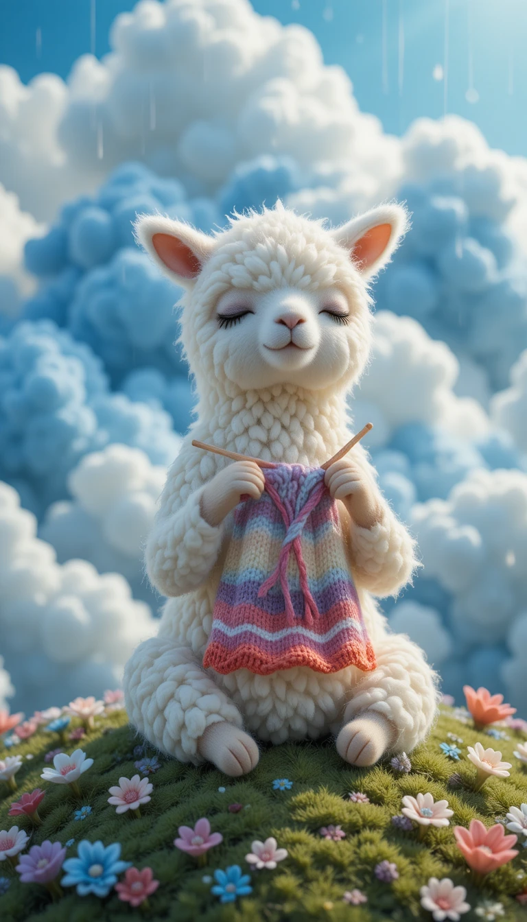 Piccola lama pacifica che lavora a maglia in una nuvola di lana da sogno