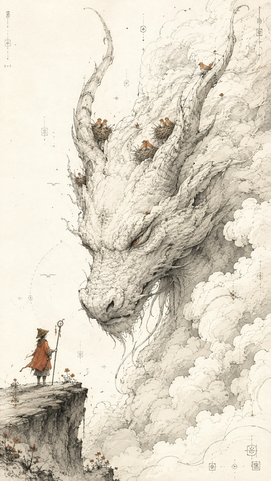 Tiny birds nesting on the horns of a cloud dragon