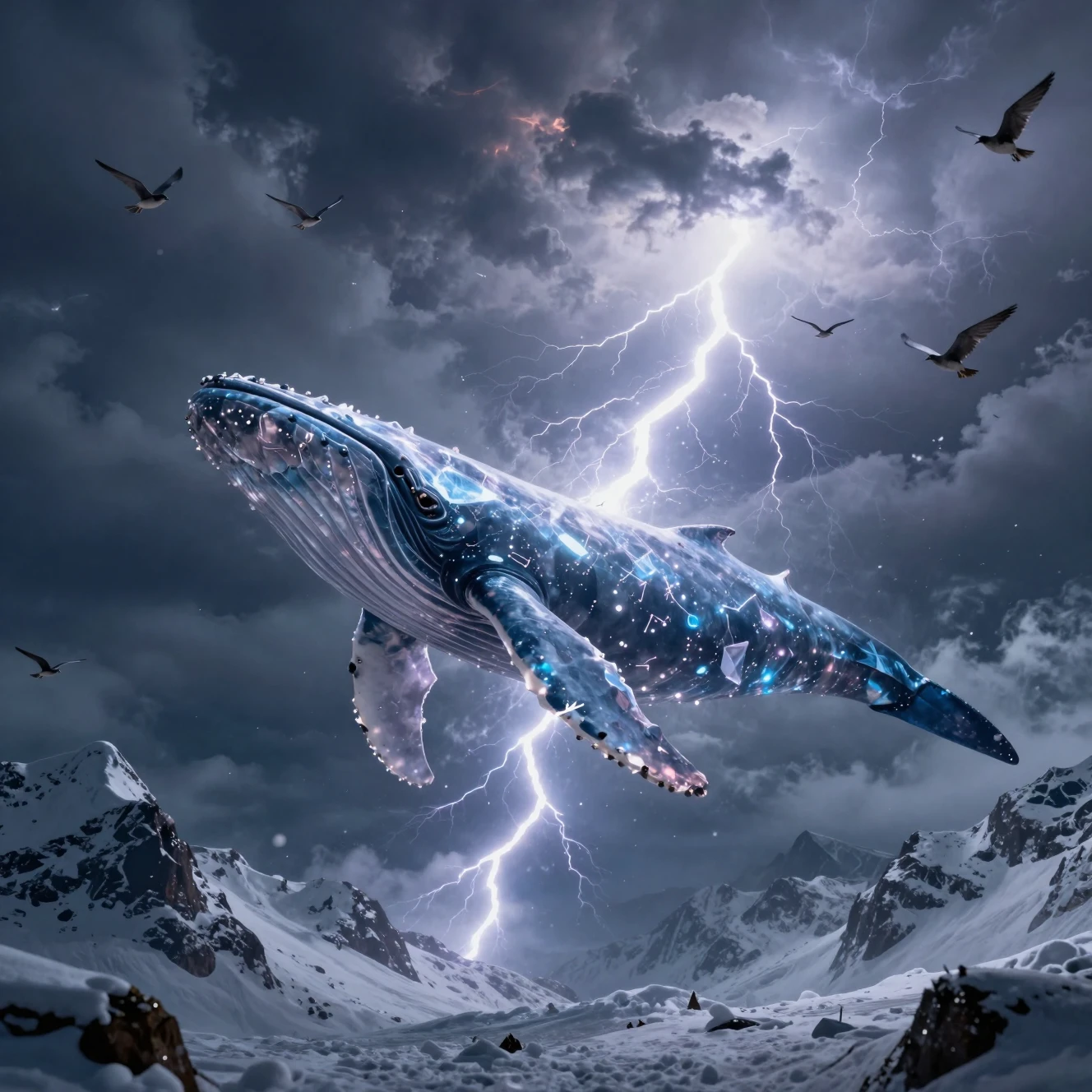 Gigantesca baleia celestial sobrevoando montanhas nevadas em tempestade