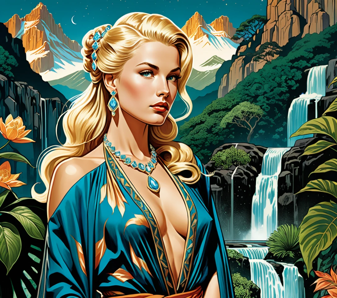 Blonde woman in celestial robe standing in a solarium