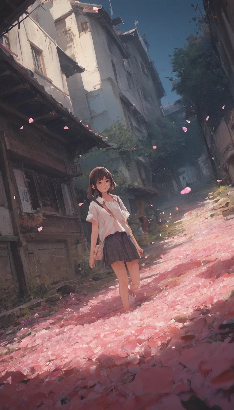 Whimsical floating flower petals in a dreamy abstract space