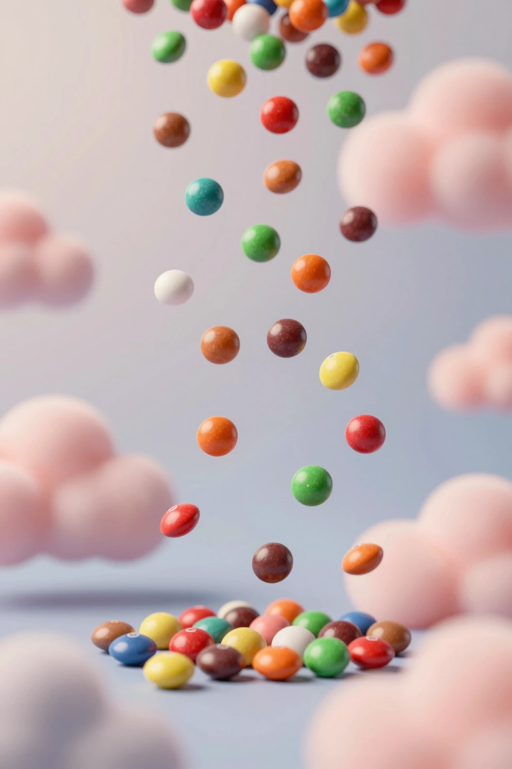 彩色 Skittles 糖果如雨灑落在粉彩雲朵背景前