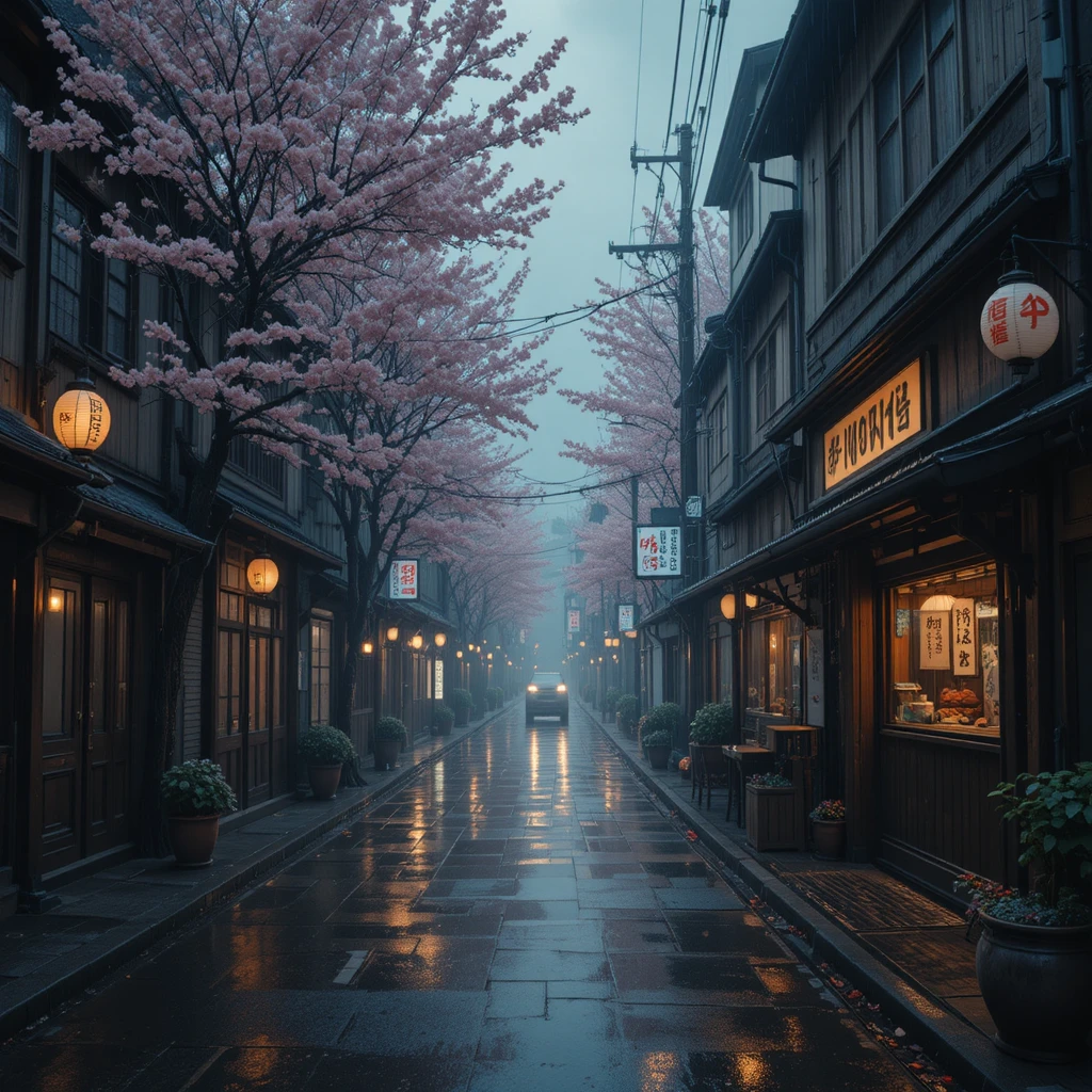 Quiet Japanese street with lanterns after evening rain