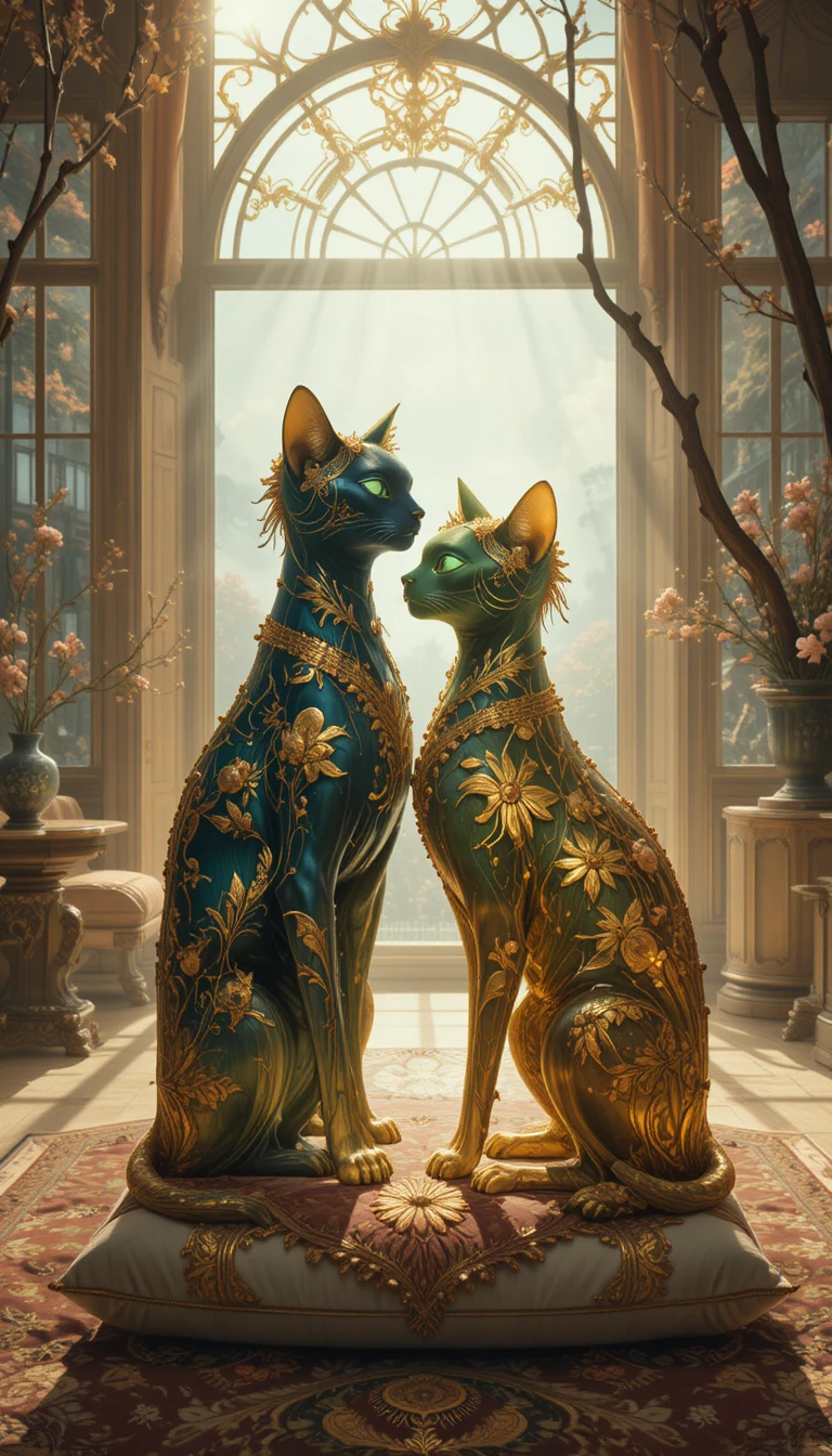 Chat siamois majestueux orné d’or sur un coussin de velours