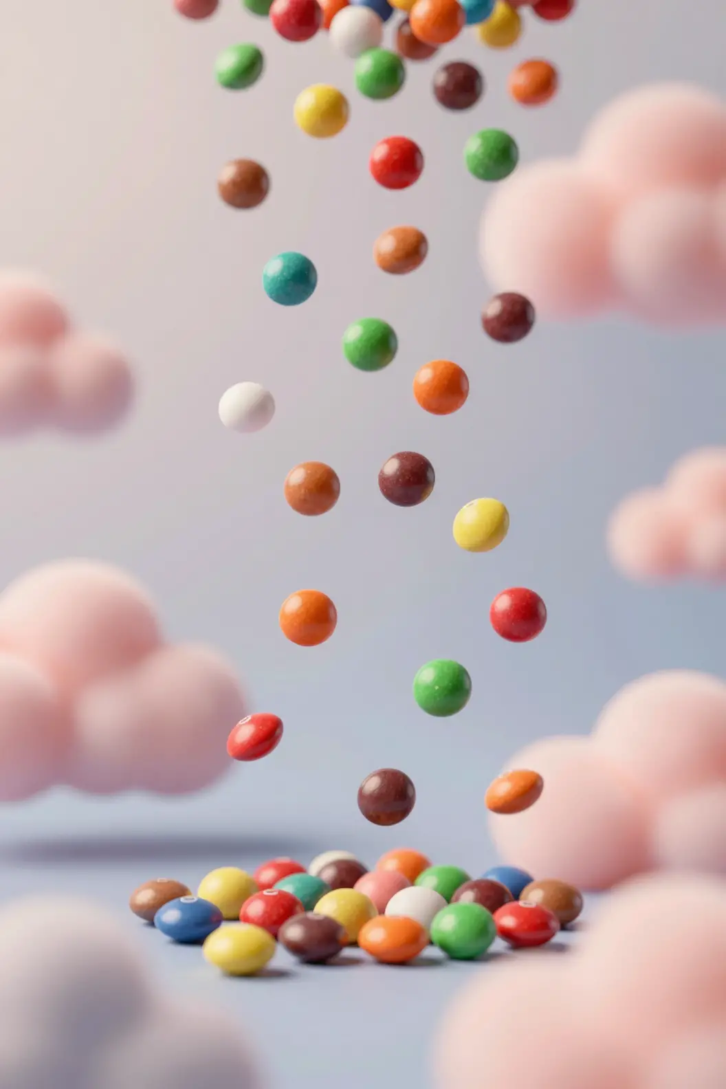 彩色 Skittles 糖果如雨灑落在粉彩雲朵背景前