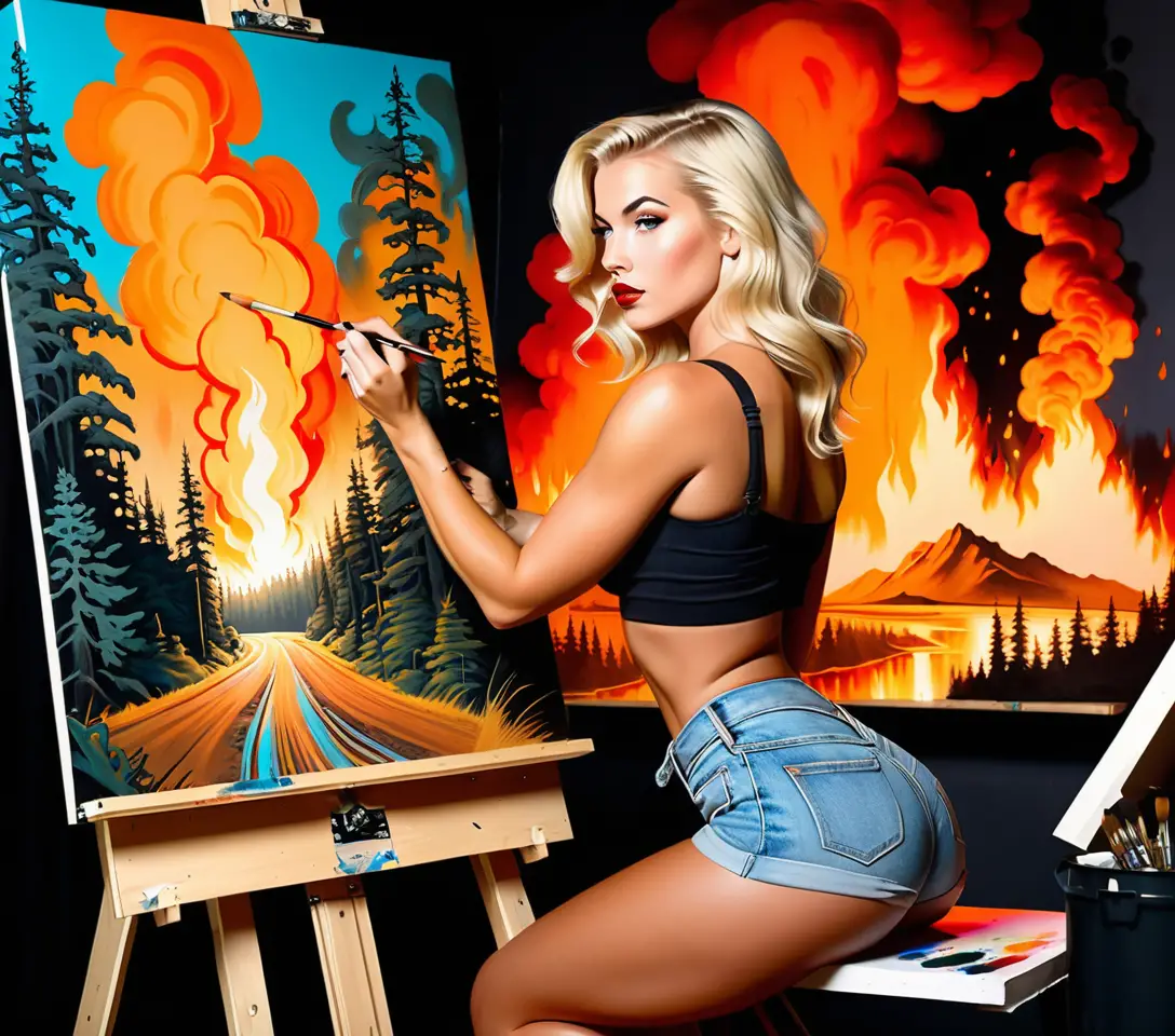 Blonde pin up artist painting a dramatic forest fire