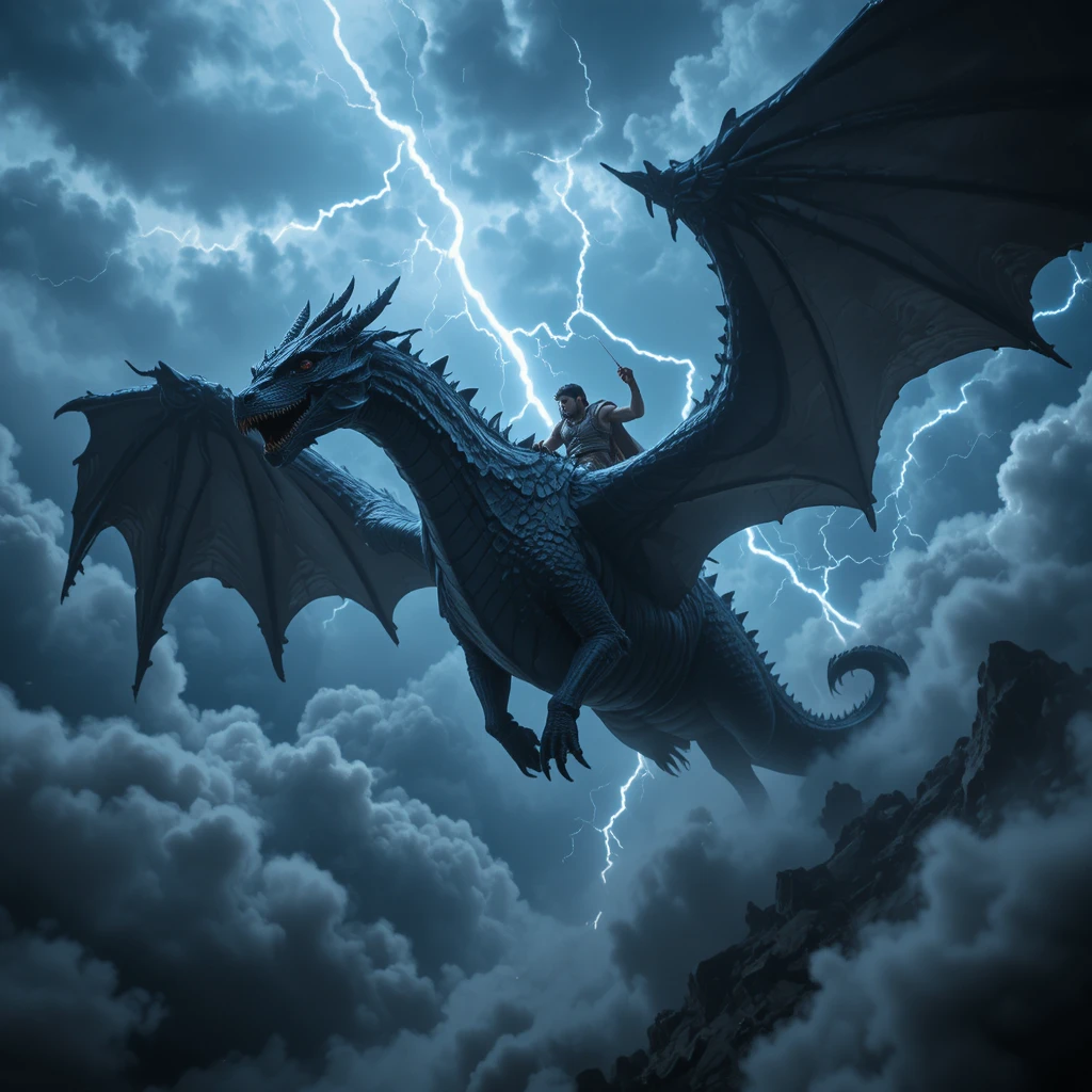 Guerreiro Montando um Dragão Negro Através Nuvens de Tempestade