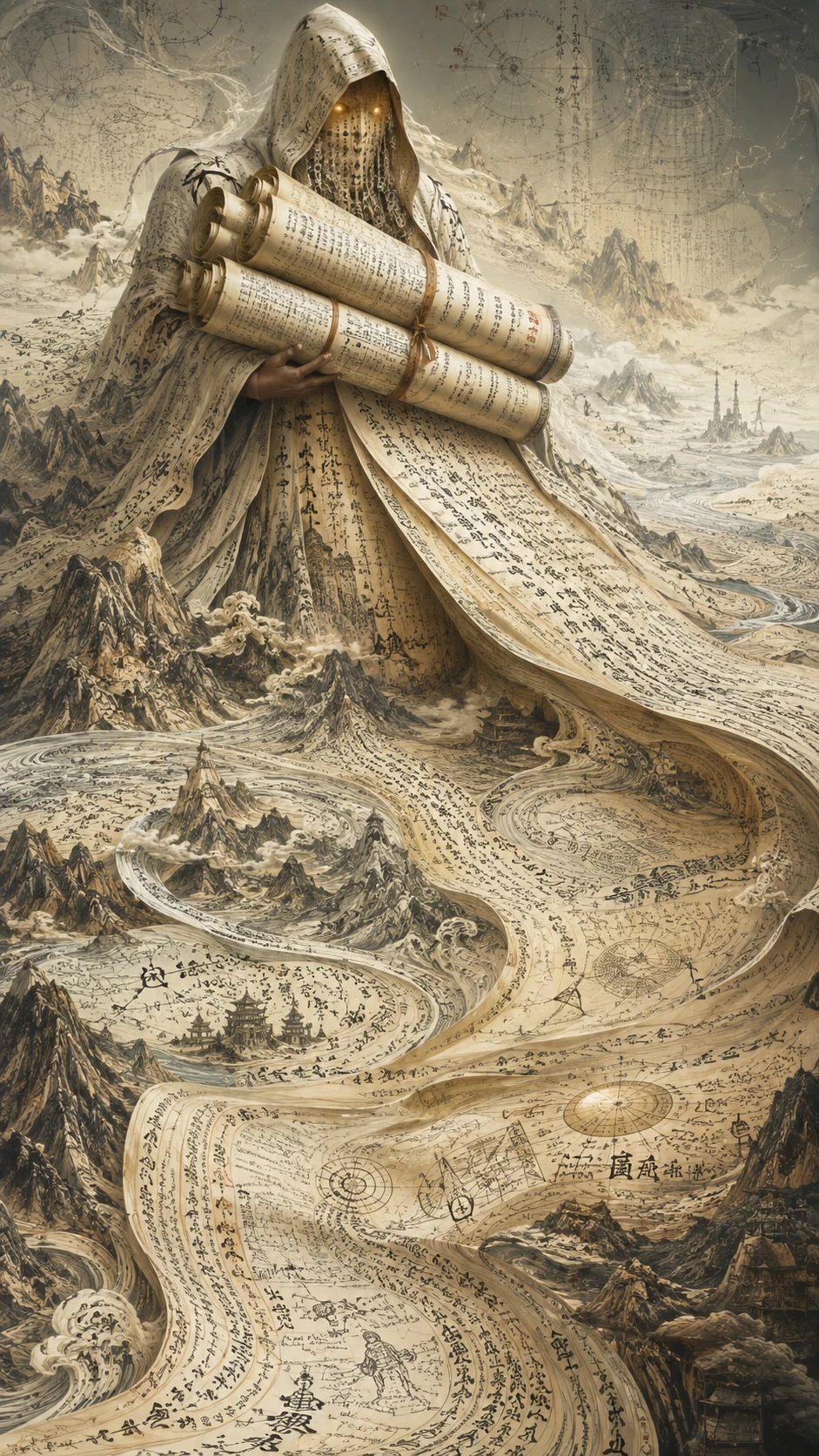 Archivista Incappucciato con Fiumi di Pergamene e Calligrafia