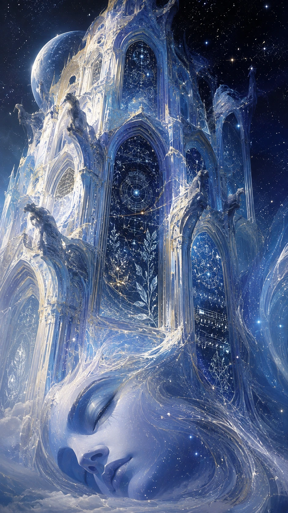 Catedral ao Luar com Símbolos Cósmicos em Vitral