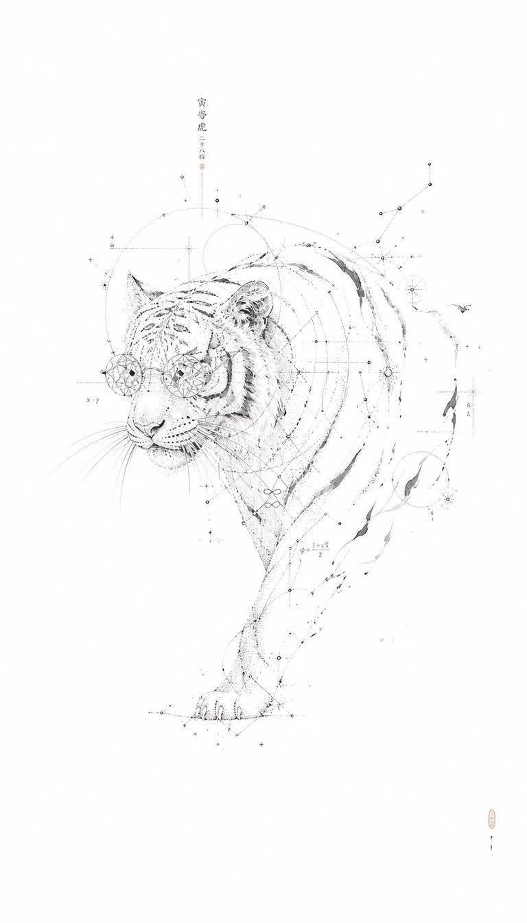 Gestos de tinta sugerindo um tigre no silêncio do espaço em branco