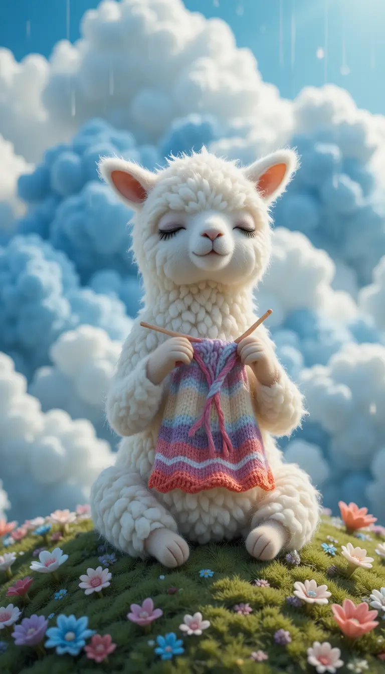 Peaceful Little Llama Knitting In A Dreamy Wool Cloud