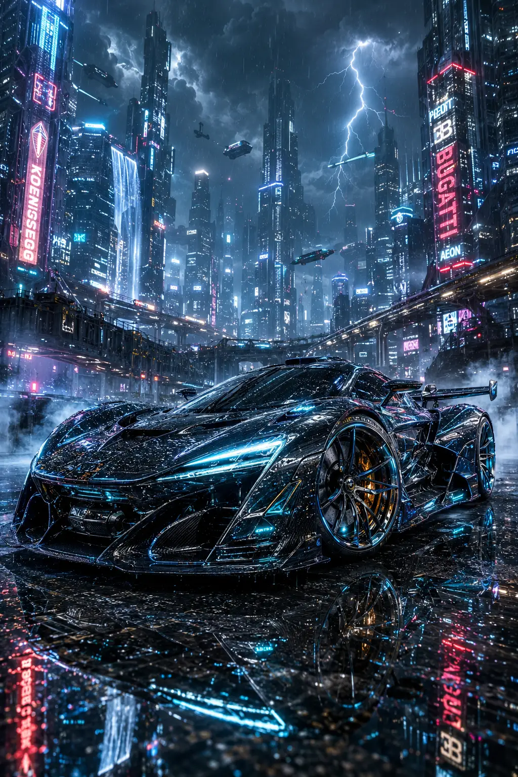 霓虹巨型都市邊緣的未來超級跑車