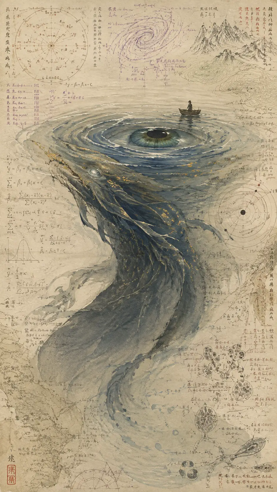 Ancient Sea Spirit Gliding Beneath Still Ink Dark Water