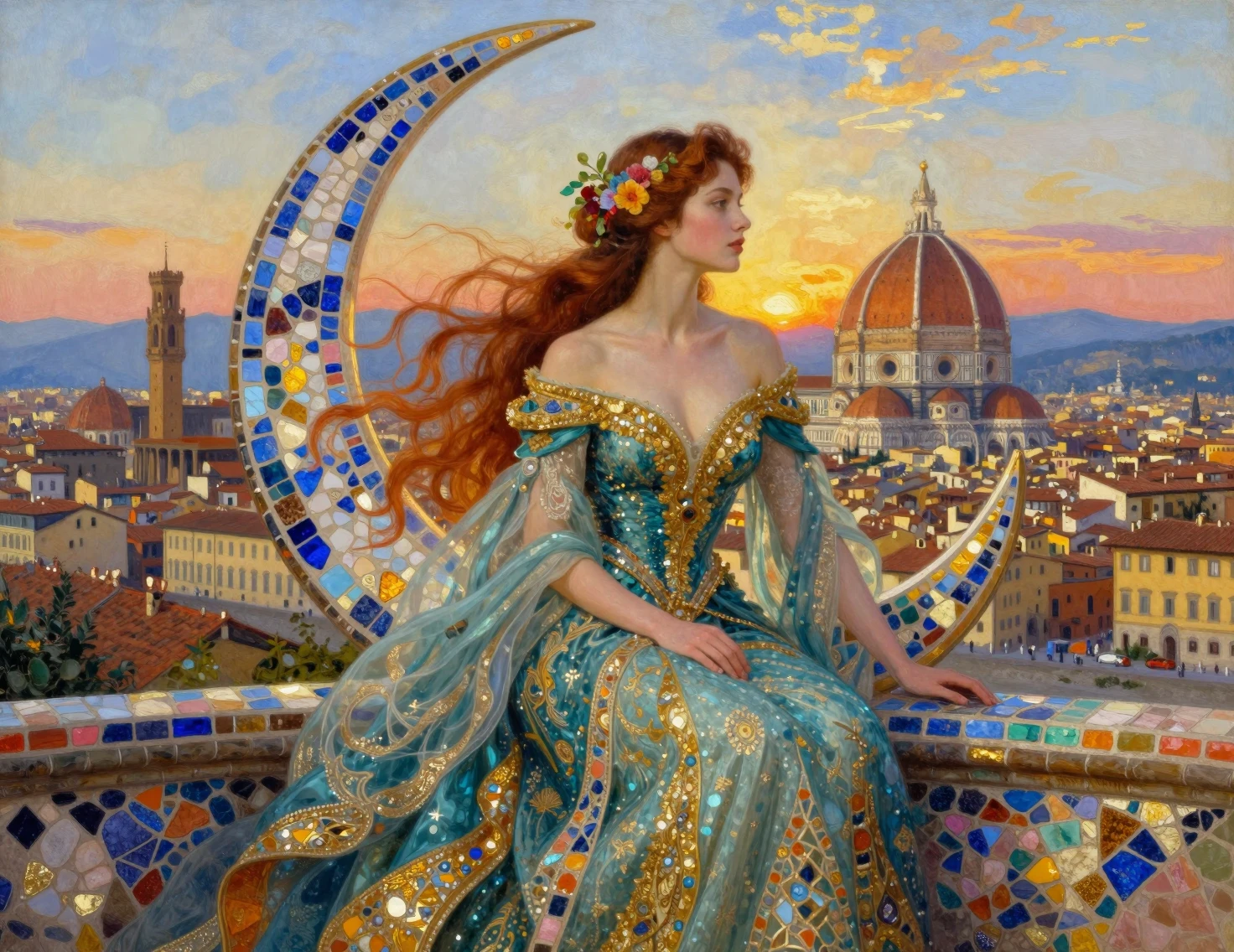 Mulher elegante em vestido verde-petróleo diante de mosaico e paisagem urbana