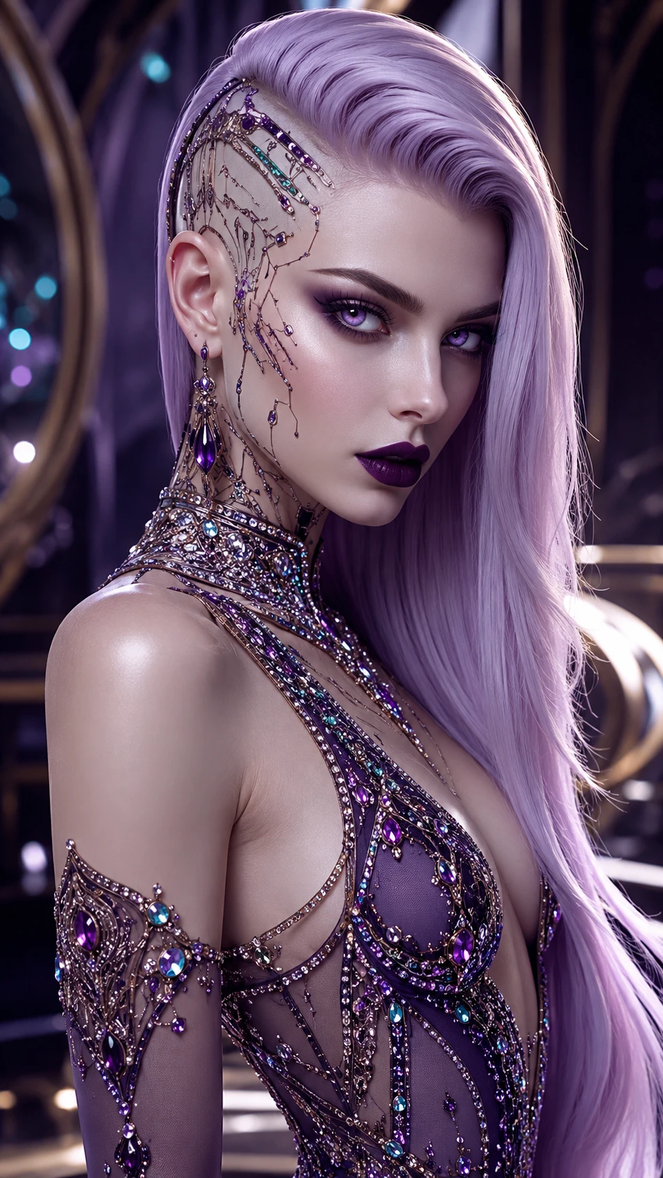 Retrato de mulher cibernética futurista em vestido de noite com joias