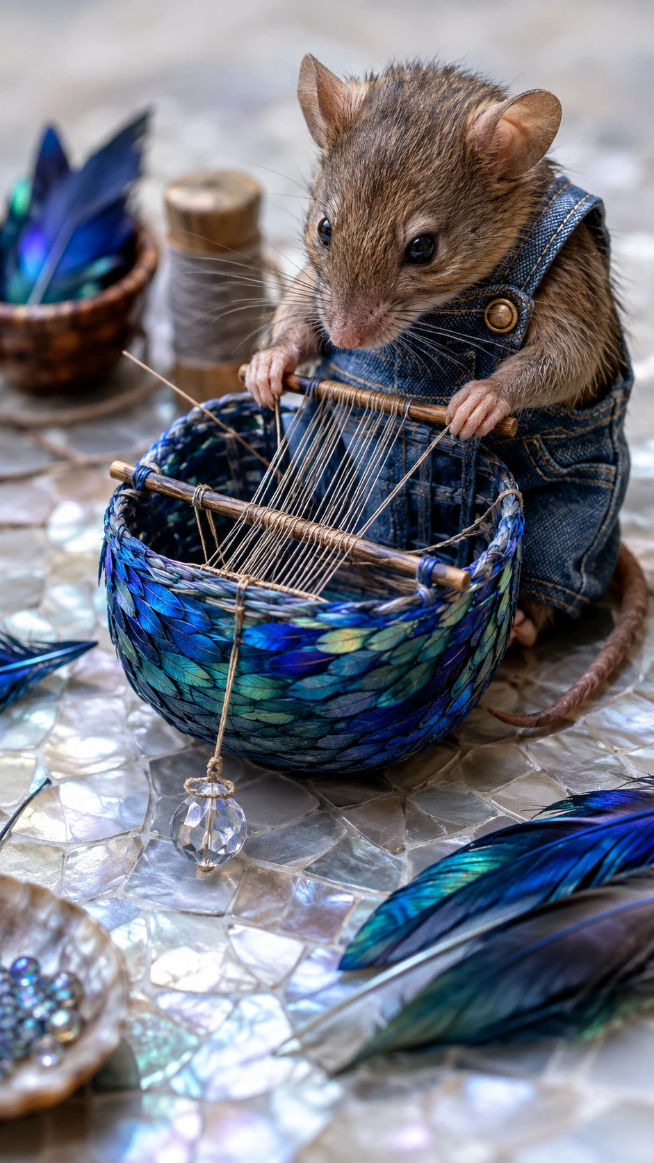 Rato em macro com jardineira jeans tecendo um cesto de penas
