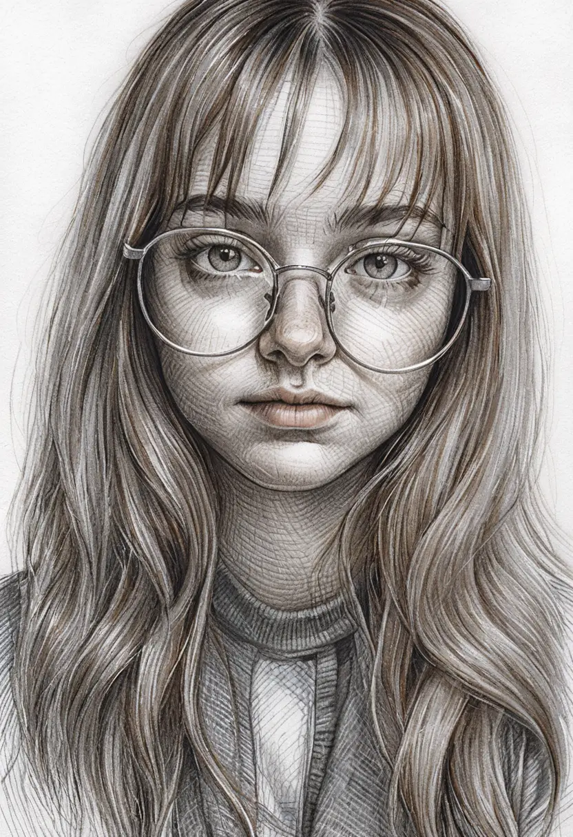Pencil portrait of a young woman with round glasses
