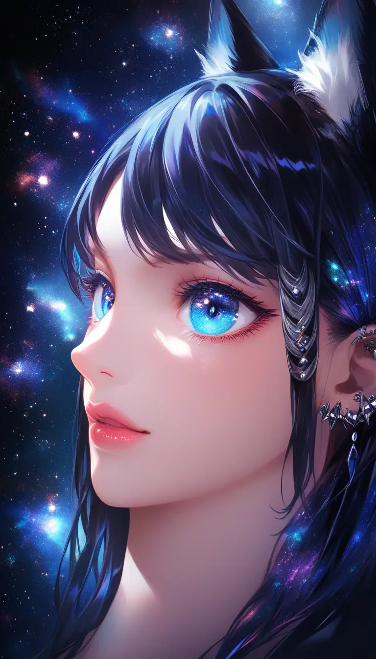 Gros plan d’une fille d’anime aux yeux bleus et aux oreilles de chat