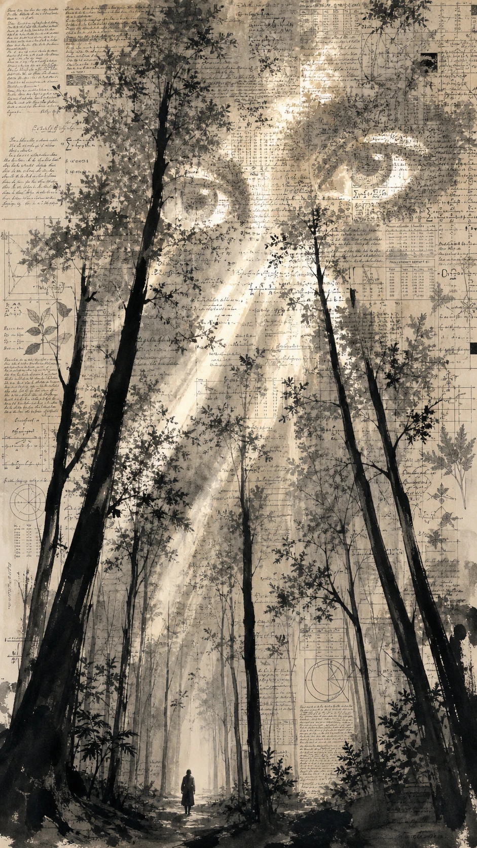 Forêt dessinée à l’encre avec arbres imposants et feuilles écrites