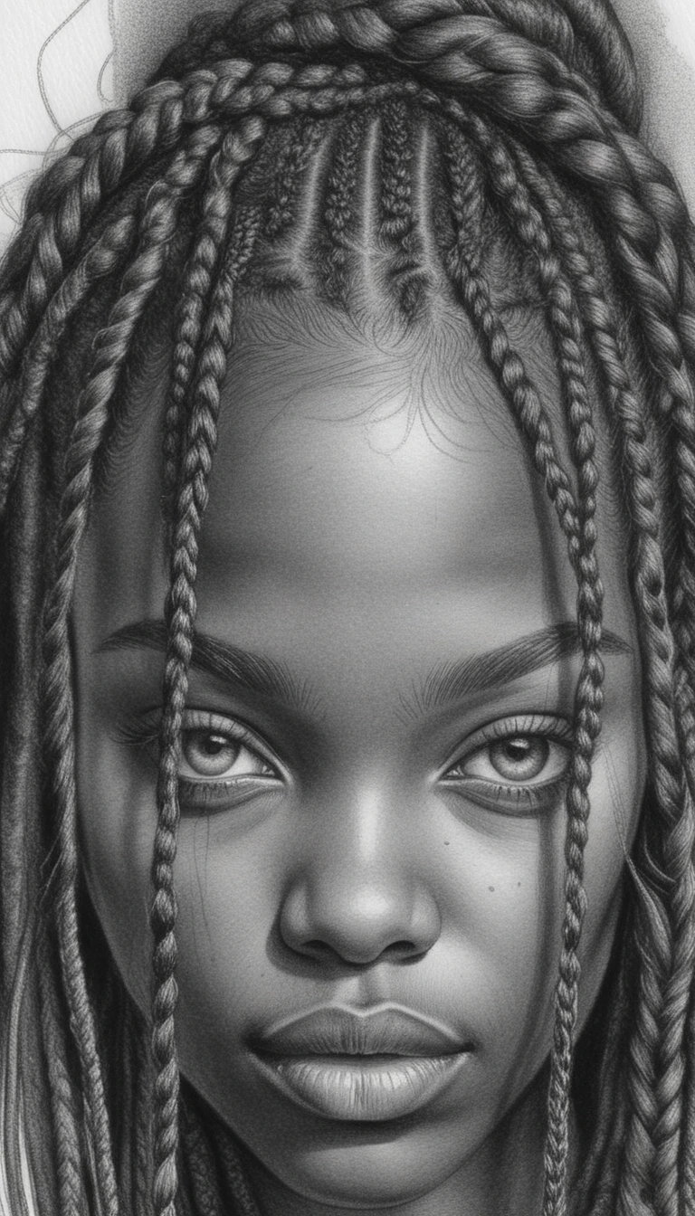 Close up graphite portrait of a young woman with braids