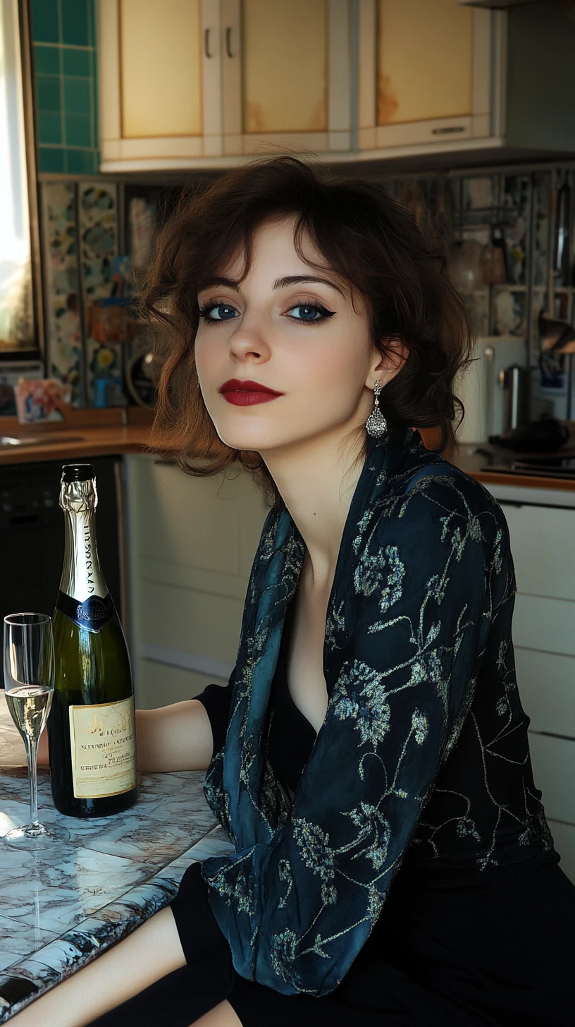 Jovem elegante sentada em uma mesa de cozinha moderna