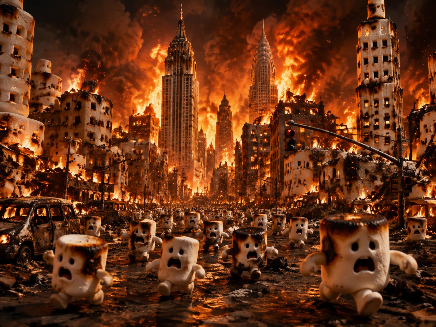 Cidade surreal de marshmallow queimando como um skyline sombrio de Nova York