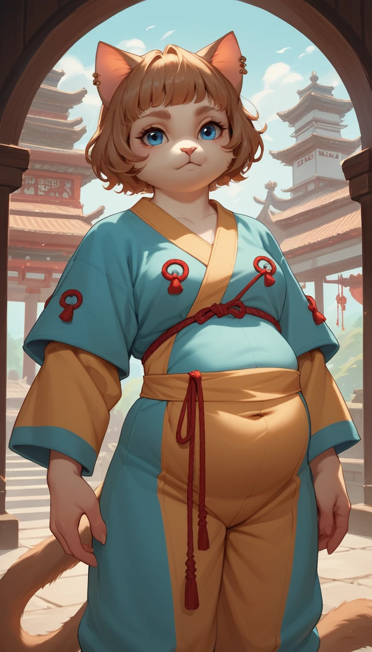 Armored neko girl in pajamas in a mystical palace