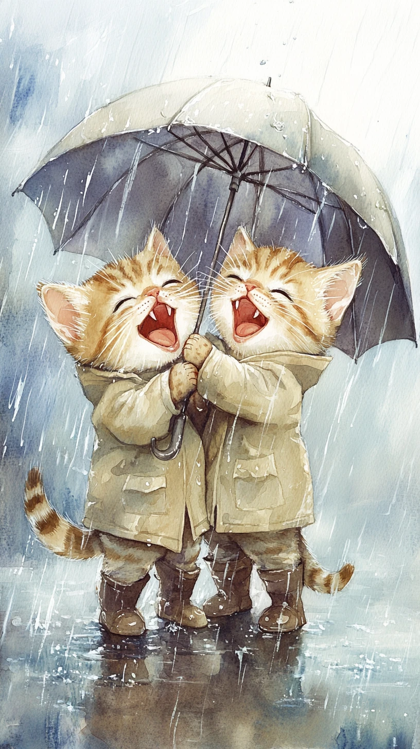 Watercolor kittens laughing under a shared umbrella in rain