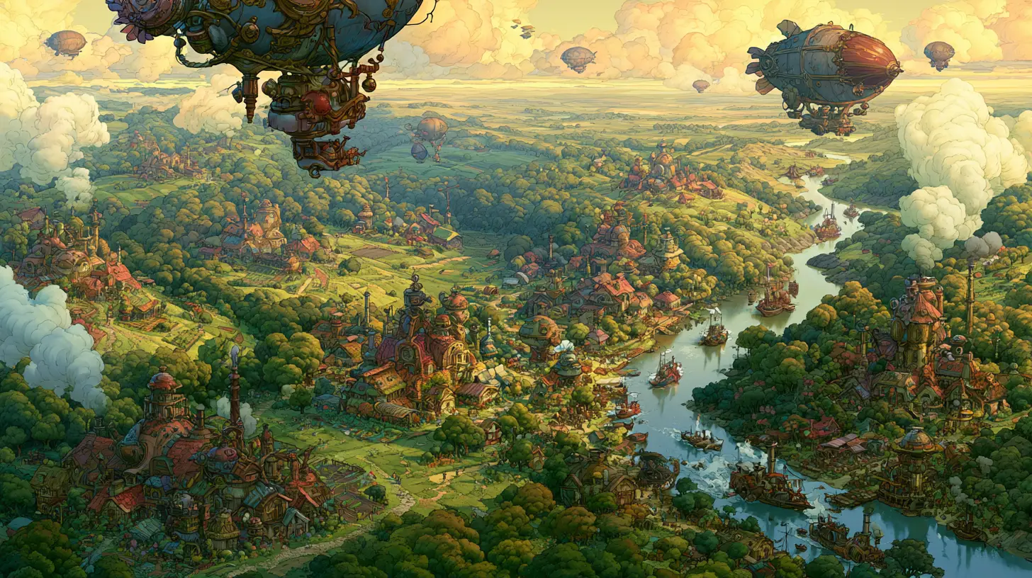Verspielte Steampunk-Stadt in einem üppigen goldenen Tal