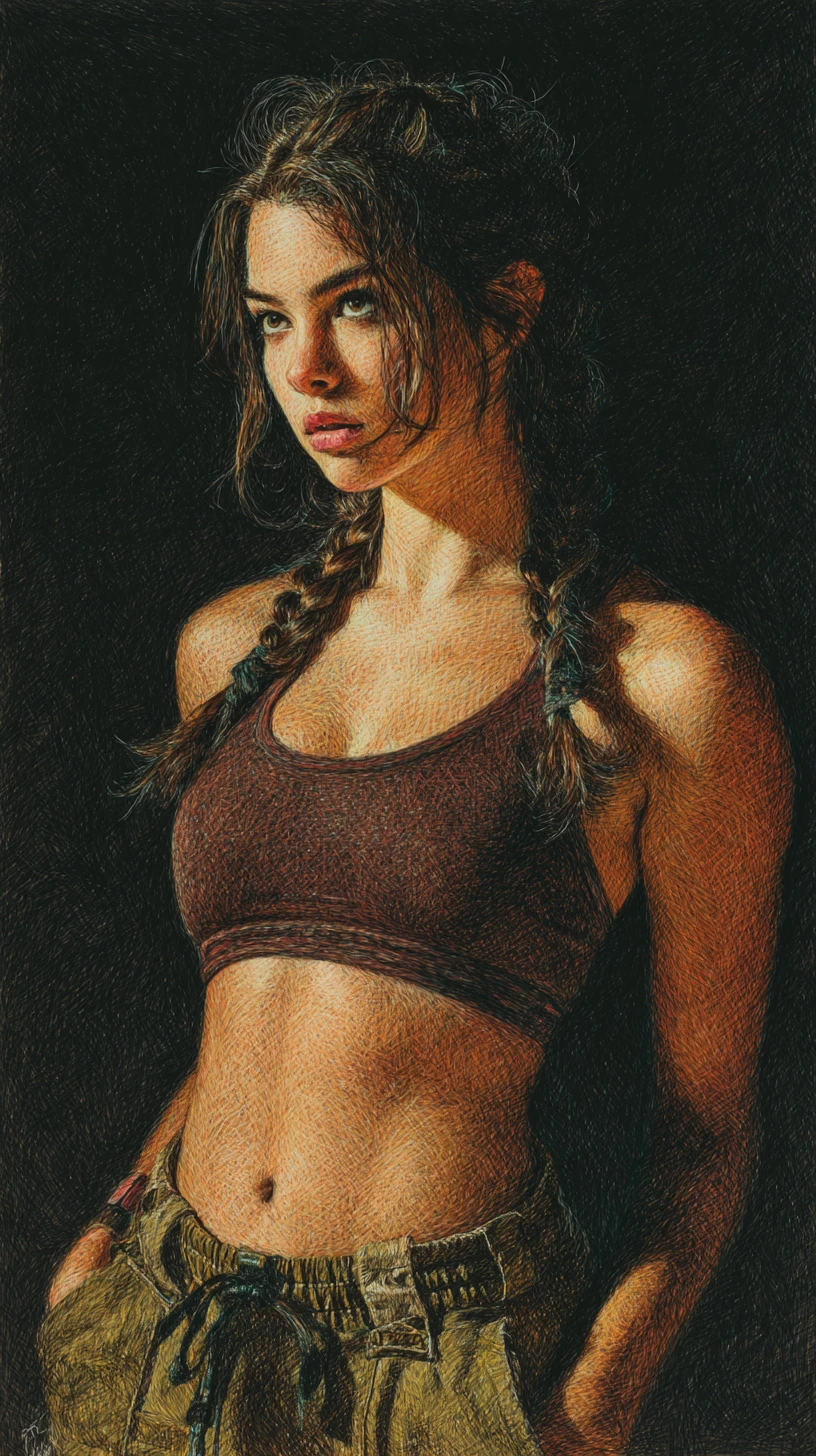Athletic girl pencil portrait with detailed hatching