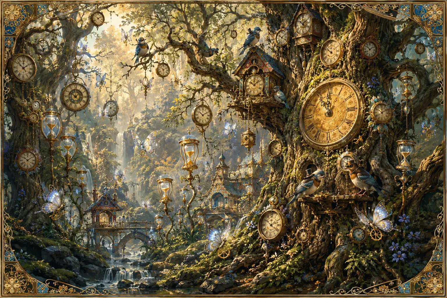 Forêt Enchantée d’Arbres-Horloges et de Petits Oiseaux Horlogers