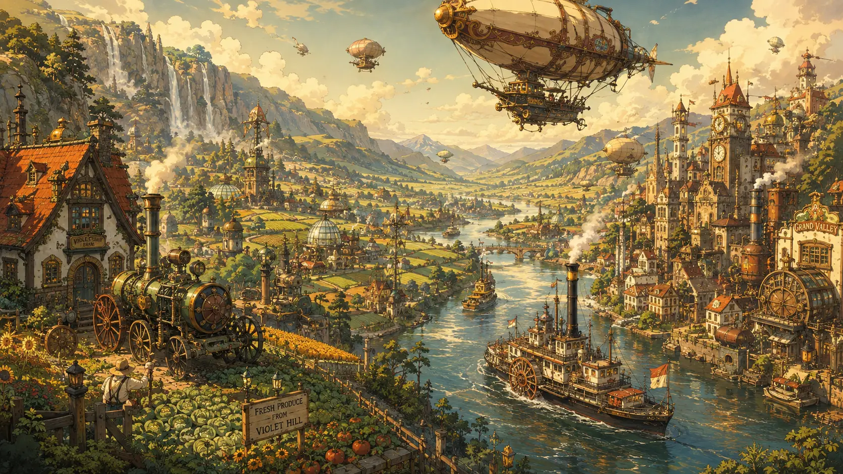 Verspielte Steampunk-Stadt in einem sonnendurchfluteten grünen Tal