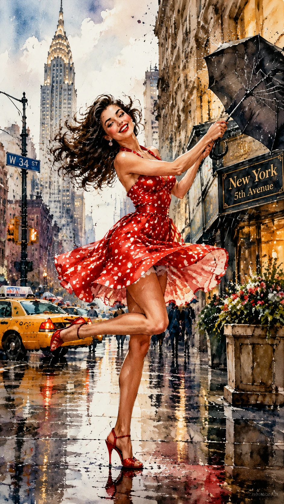 Elegant woman twirling in the rain on New York street