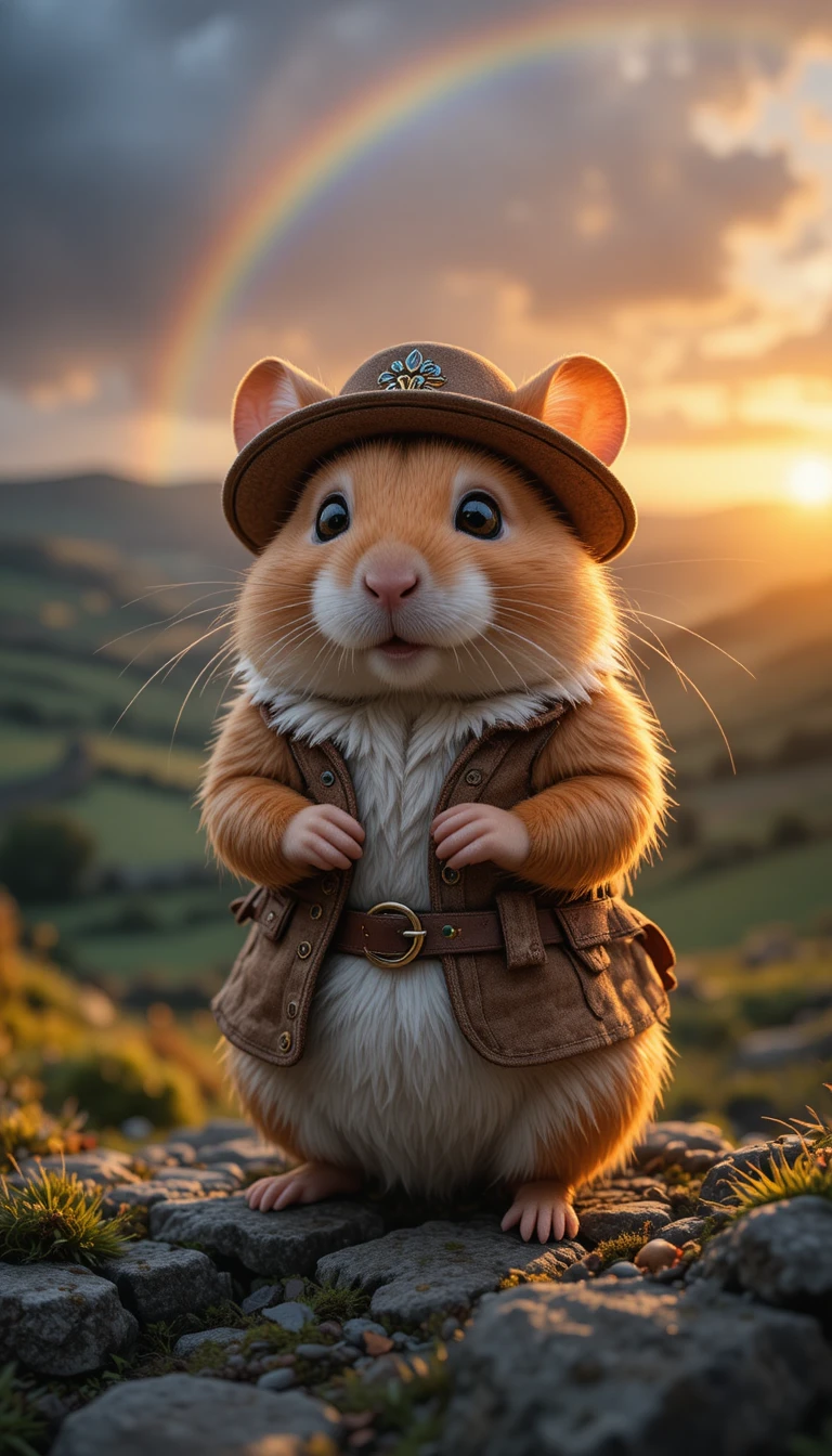 Adorável hamster macho caminhante em um vale de Yorkshire ao pôr do sol