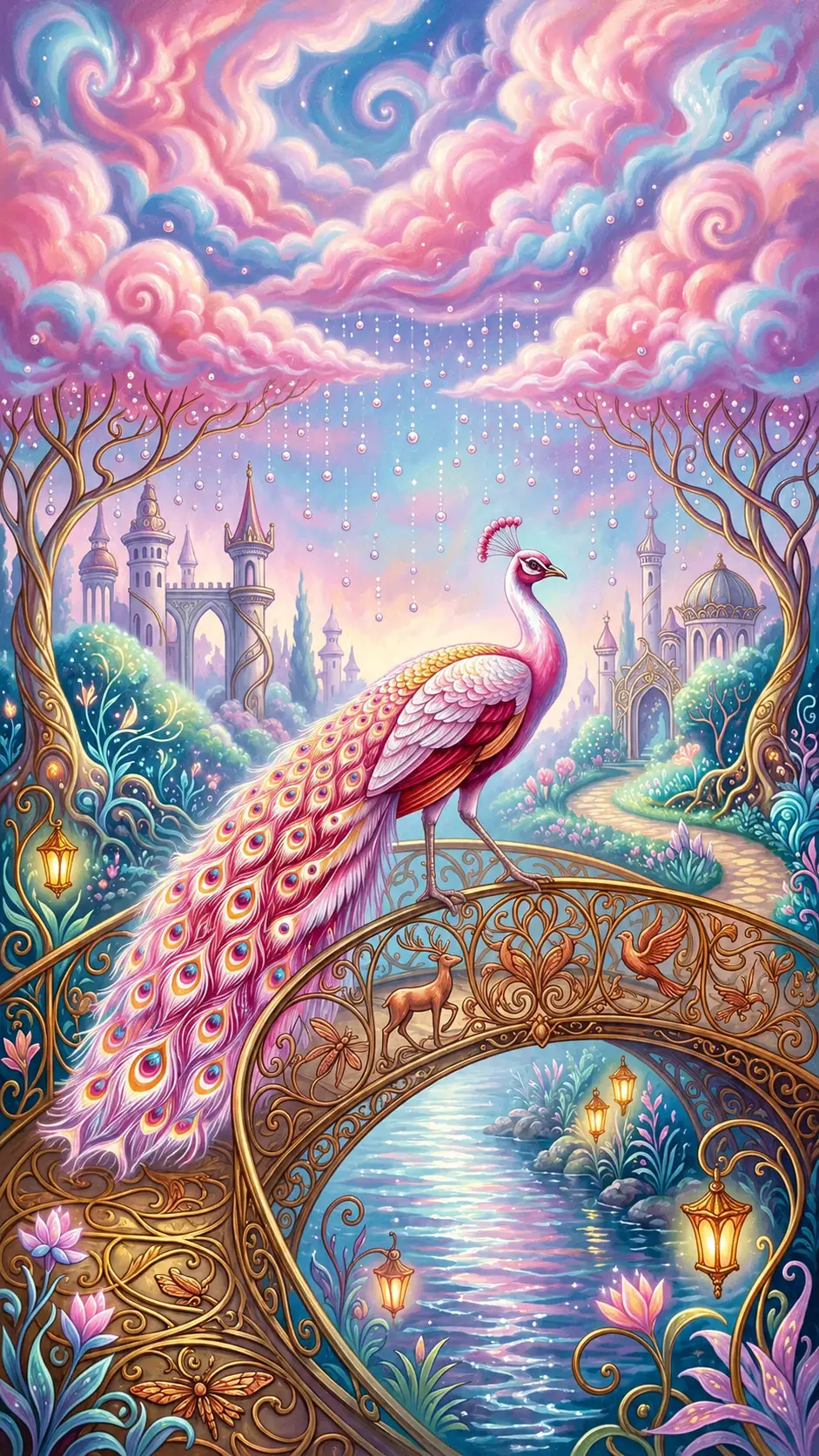 Majestic peacock crossing a brass bridge in a candy cloud sky