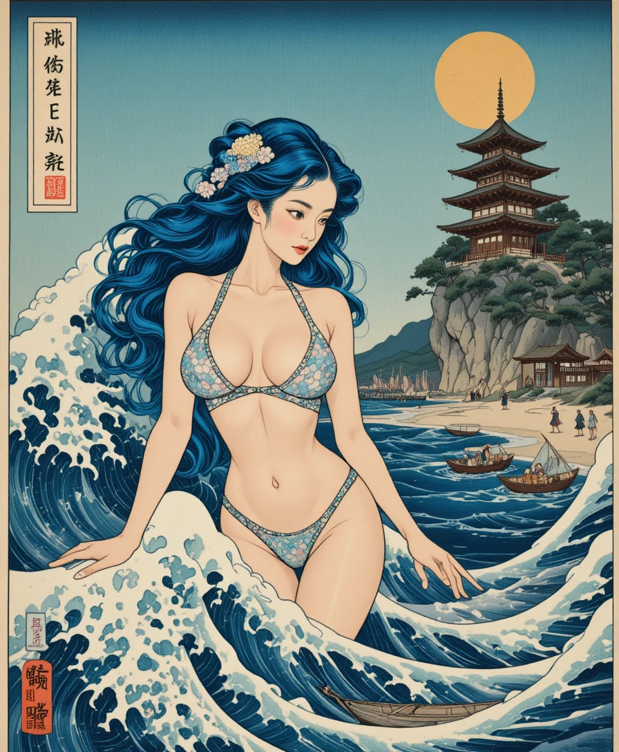 Divindade aquática em estilo ukiyo-e surgindo de ondas oceânicas turbulentas