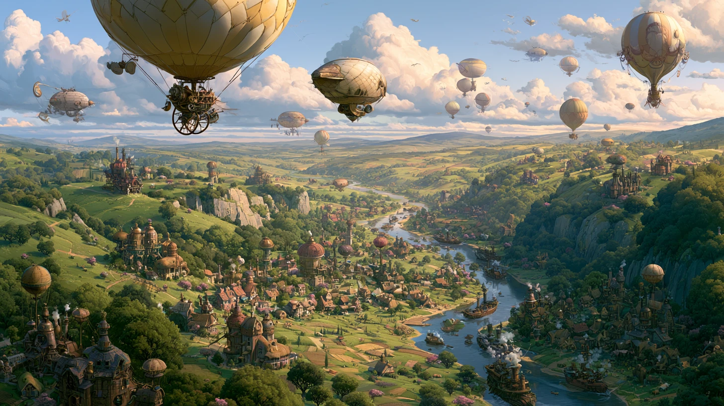 Ciudad steampunk fantástica en un exuberante valle a la hora dorada