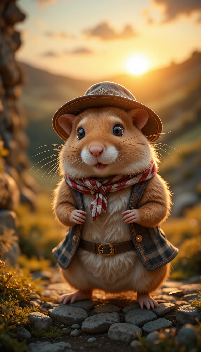 Fofo hamster caminhante no Vale de Shibden ao pôr do sol dourado