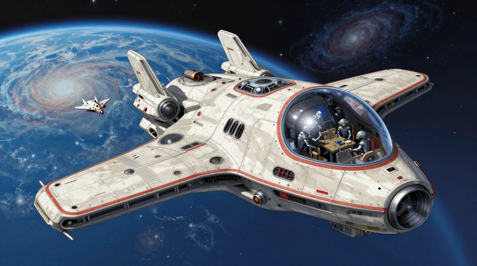 Cruzador alienígena passa por um planeta azul no espaço profundo